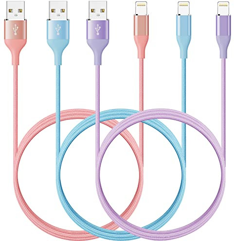 Lightning Cable 10FT 3Pack iPhone Charger [Apple MFi Certified] Color Nylon Braided USB Charging Cord for iPhone 11Pro MAX Xs XR X 8 7 6S 6 Plus SE 5S 5C Blue Green Orange Purple