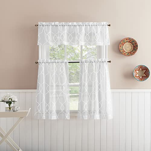 No. 918 Allerton Embroidered Trellis Semi-Sheer Rod Pocket Kitchen Curtain Valance and Tiers Set, White, 52 W x 36 L