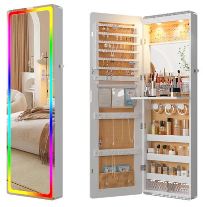HNEBC LED Mirror Jewelry Cabinet with RGB Lights,47.2 Wall Mounted Jewelry Organizer with Full-Length Mirror,Over The Door Hanging Jewelry Armoire Storage Cabinet,Folding Dresser,2 Drawers,Lockable