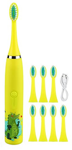 Spazzolino elettrico per bambini, spazzolino sonico per bambini, Spazzolino elettrico per bambini 4 marce 8 testine ricarica USB Spazzolino elettrico per bambini sopra i 3 anni(Giallo)
