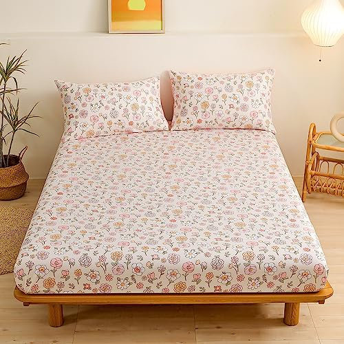 Chickwin Fitted Sheets Bedding Sheets, Flowers Plant Print Double King Single Size Bed for Deep Pocket 30cm - Shrinkage Fade Resistant Easy Care (King,Flower)
