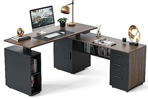 FEZIBO 160cm L-förmiger Führungskraft Stehschreibtisch mit 3-Schubladen-Aktenschrank, Elektrisch Höhenverstellbarer Stehpult für das Home Office, Computertisch, Dunkelbraun Tischplatte