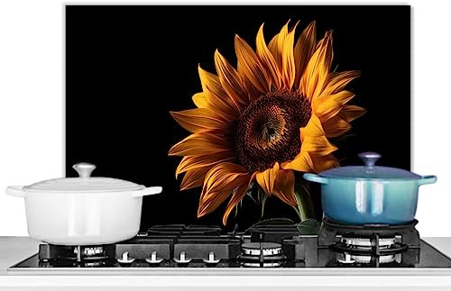 KitchenYeah© Crédence Cuisine 60x40 cm Aluminium Accessoire Déco Protège Mur Plaque Protection Anti Éclaboussure Évier Fleurs - Botanique - Noir - Tournesol
