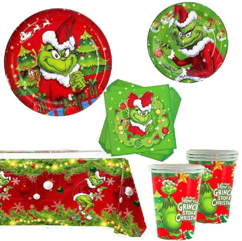Grinch Weihnachtsparty Dekorationen Grinch Weihnachtsteller Tassen Servietten Tischdecke für Weihnachten Mottoparty Zubehör Tischdekorationen