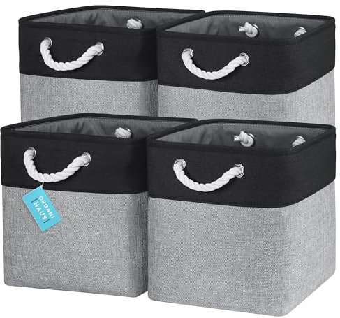 OrganiHaus Foldable Fabric Cube Baskets - 4 Pack 30x30 Bins for Nursery Decor & Kallax Organizer - Grey/Black