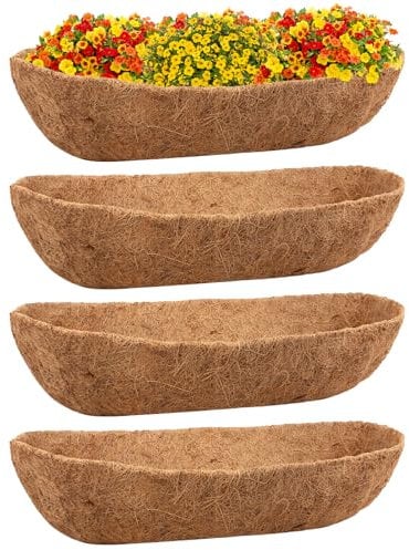 Riare 4PCS Trough Coco Coir Liners 24Inch Coconut Coir Hanging Basket Liner for Planters Natural Coco Fiber Window Box Liners for Wall Planter, Window Basket Deck Railing Planter (4, 24inch)