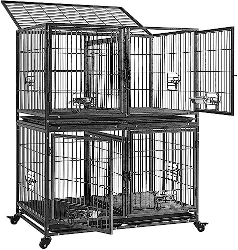Yaheetech Stackable Dog Crate 2x43'' Heavy Duty Large Dog Cage w/Divider/Open Top/Bowls/Pull-out Trays/Wheels for Small&Medium Dogs, Black Set of 2