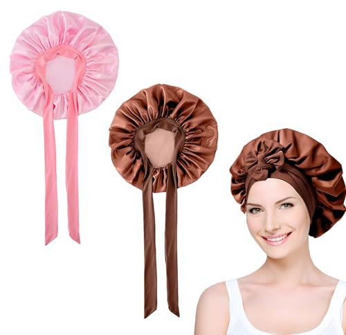 AUSYIWI 2 Pezzi Cuffia Seta Capelli, cuffia capelli ricci notte, Morbida e Confortevole Cuffia per Dormire in Raso con nastri regolabili, Adatto a Donne e Ragazze (Curry + Rosa)