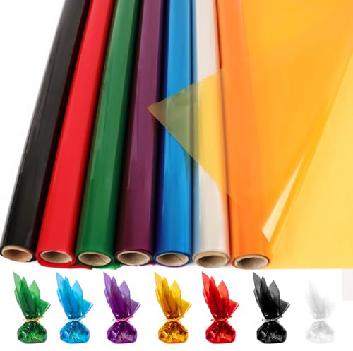 CMFYHM Lot de 7 rouleaux de papier cellophane coloré (86 cm x 5 m x 7 couleurs) extra large - Couleur transparente - Emballage cadeau pour paniers cadeaux, fleurs, loisirs créatifs, fête prénatale