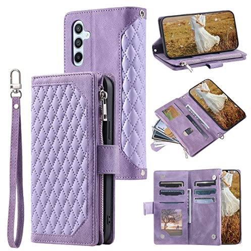 QLTYPRI Wallet Case for Samsung Galaxy A35 5G,Luxury Quilted PU Leather Wallet Case with Card Slots for Women,Magnetic Zipper Purse Case with Wrist Strap Kickstand Shockproof Flip Cover-Purple