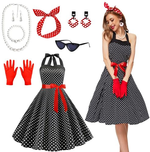 JONRRYIN 50er Jahre Kostüm Damen, 9 Stück Rockabilly Accessoires Mit Katzen Auge Brille, Ohrringe, Stirnband, Halskette, Handschuhe für Motoparty Retro Party