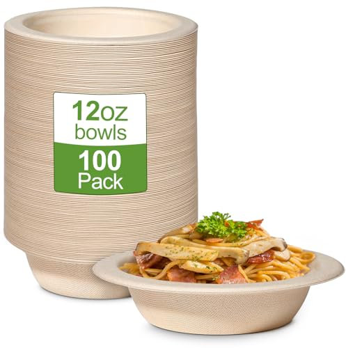 GREENESAGE 100 ciotole di carta usa e getta, 350 ml, stoviglie usa e getta, in canna da zucchero, biologiche, rotonde, marroni, compostabili