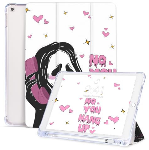 Vozehui Hülle für iPad 10.2 Zoll 9/8/7 Generation Rosa Hülle mit Bleistifthalter, Auto Sleep/Wake für Cartoon Geist Gruseliges Gesicht Hülle für Frauen Männer Mädchen Jungen, 2021/2020/2019, Weiß
