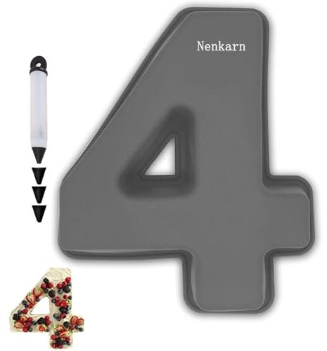 Nenkarn Number 4 Cake Tin, Silicone Number Cake Moulds with Decorating Pen, 10 Inch Number Cake Tins for Baking, Birthday and Anniversary, BPA Free, Non-Stick