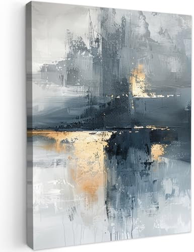 MuchoWow© Leinwandbilder 60x80 cm Wall Art Decoration Bilder für die Wand Schlafzimmer Deko Canvas Painting Wanddekoration Wohnzimmer Kunst - Grau - Gold - Abstrakt