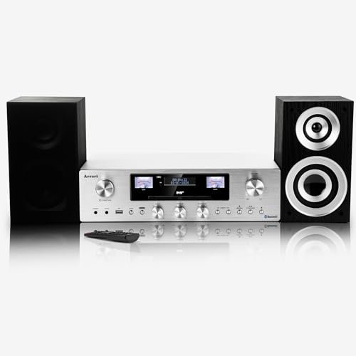Arrari PR-200 Système de musique Hi-Fi avec boîtier en métal, radio DAB+/FM, USB, CD, CD MP3, Bluetooth, haut-parleurs d'étagère dynamiques basses-reflex à 2 voies, VU-mètre, égaliseur
