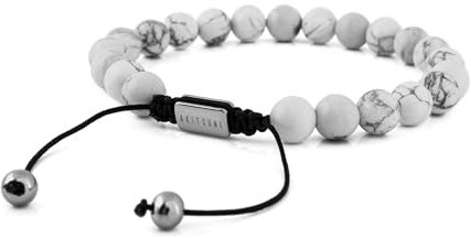 Akitsune Venatio Perlenarmband | Elastisches Armband Armschmuck Damen Herren Halbedelsteine 8 mm Beads - Silber Howlite Weiß