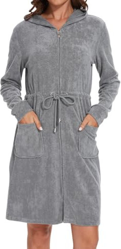 Mnamo Eleganter Damen Bademantel mit Kapuze und Reißverschluss aus Frottee Kurz und Leicht Grau Gr.L