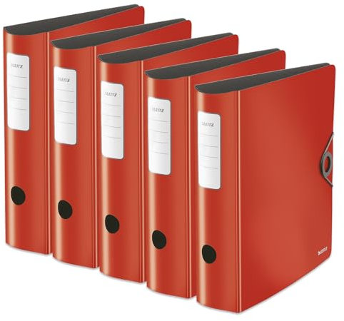 Leitz Qualitäts-Ordner 180° Active Solid, A4, 5er Pack, Breit, Abgerundeter Rücken, 8,2 cm breit, Gummibandverschluss, Leichtes Polyfoam, Plastik-Ordner, WOW Serie, Rot, 10471020