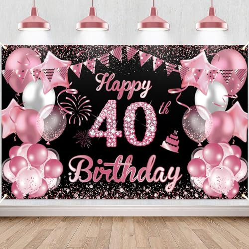40.Geburtstag Banner Rosérot Schwarz, Waylipun 40 Geburtstag Party Hintergrund Deko, Großes Stoff 40 Jahr Geburtstagsdeko Poster für 40. Mädchen Tisch Wand Dekoration Zubehör, 180 x 110 cm
