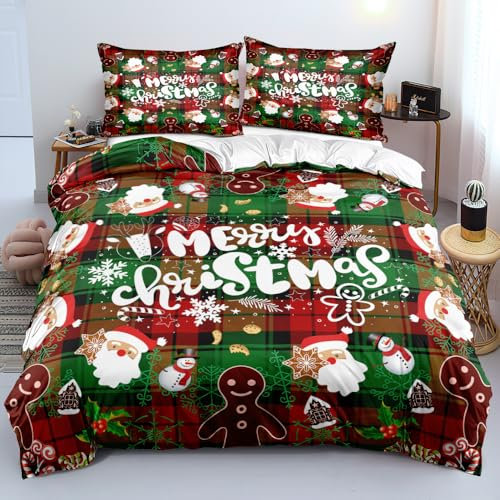 Luowei Bettwäsche Weihnachten 200x200 Weihnachts Grün Rot 3D Weihnachten Bettwäsche Weich Christmas Bettbezug Set 3 Teilig für Jugendliche Jungen Kinder mit Reißverschluss und 2 Kissenbezüge 80x80 cm