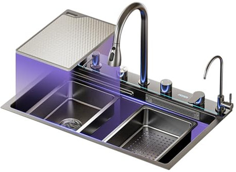 Conslika Moderne Wasserfall Spüle Küche Unterbau Einschalen-Edelstahl Bauernhof Spüle Workstation Multifunktionale Smart Kitchen Spüle Tischplatte Kontrollen mehrere Zubehör
