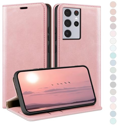 HUOUH Coque pour Samsung Galaxy S21 Ultra avec RFID Blocage Etui à Rabat en Cuir de Premium,Case à Rabat,Fentes pour Cartes,Coques de Cover pour Samsung S21 Ultra Portefeuille Or Rose