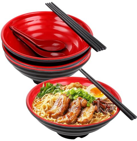 DAJAVE Ramen Bowls Set of 4 Noodle Bowl, Ramen Noodle Bowl with Chopsticks and Spoon Ramens Japanese Bowl Set for Soup, Salad, Rice and Pasta Dishes