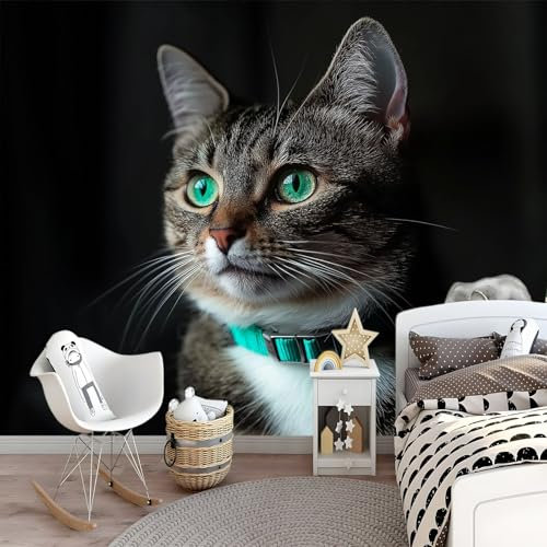 Générique Fototapete Chat aux yeux verts 200 x 140cm Vlies Tapeten Wandtapete Moderne Wanddeko Büro Flur Design Wand Dekoration Wohnzimmer Schlafzimmer