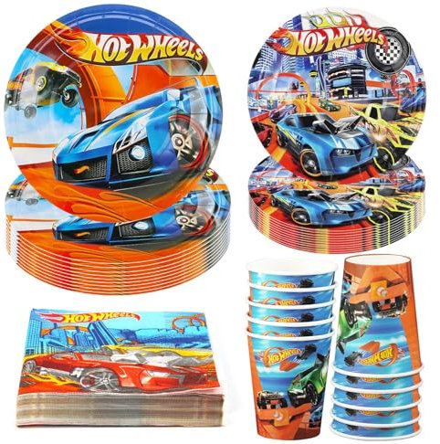 Hmfmdy Rennauto Partygeschirr Set, 50 Stück Racing car Party Deko, Rennauto Geburtstag Geschirr Kit, Mit Pappteller Becher Servietten, Autos Kindergeburtstag Party Geschirr Supplies für 10 Gäste