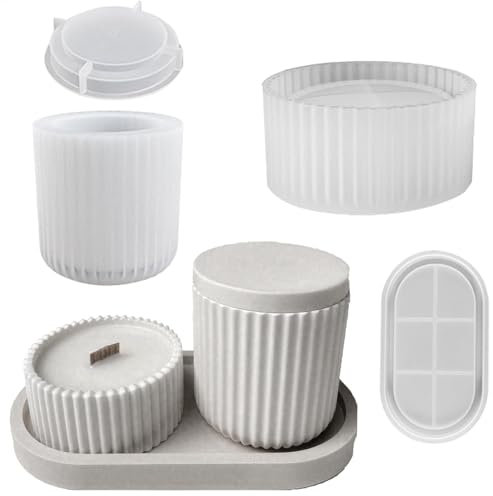 Stampo per piante grasse – Stampo in silicone per resina epossidica, stampo per candele in cemento con coperchio, 4 x vasi a righe per resina, argilla e gesso, 4 x vasi per piante grasse a righe