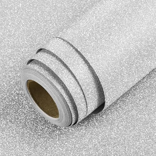 LACHEERY Klebefolie Silber Glitzer Tapete Selbstklebend Möbel Dekofolie 40cm x 200cm Möbelfolie Selbstklebend Silber Folie Möbel Vinyl DIY Deko Schminktisch Tapete Glitzer Glitzerfolie für Schrank