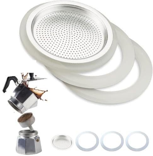 Guarnizione e Filtro Caffettiera Universale per Ricambi Moka 3x Anello di Tenuta in Lattice + 1x Filtro in Acciaio (2 tazze) Ricambio in Silicone Guarnizione, Per Caffettiera Italiana,