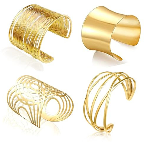 KUIZHEN 4pcs Gold Bangle Wide, Open Metal Wire Bracelet, Bangle Cuff Bracelets for Women, Gold Arm Cuff Bangle Bracelet Set for Women Girls