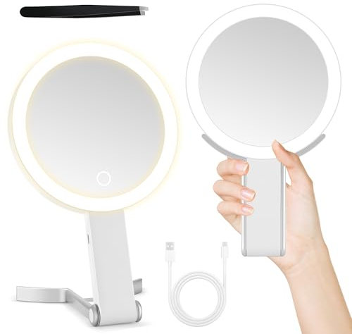 MIYADIVA Make-up Spiegel mit Beleuchtung, 2-seitig (1x/30X Vergrößerung), 3-in-1 (Hand/Tisch/Wand), 3 Lichtfarben, dimmbar – Kosmetikspiegel für Reise, Büro, Schlafzimmer | Geschenk für Frauen | Weiß