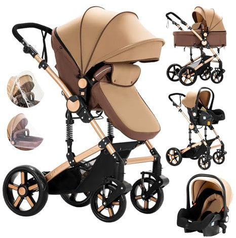 Veitoalioy Kinderwagen 3 in 1, Bequemer Multifunktionaler Kombikinderwagen 3 in 1 Komplettset, Aluminium Hohe Landschaft Babywagen, Faltbarer Kinderwagen Set (588 Khaki)