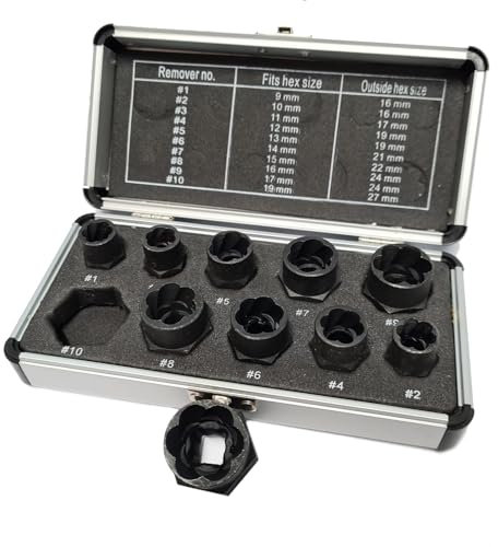 Lot de 10 douilles longues pour enlever les vis et les boulons endommagés | 9-19 mm Intérieur | 16-27 mm Extérieur | en acier CrV | avec mallette