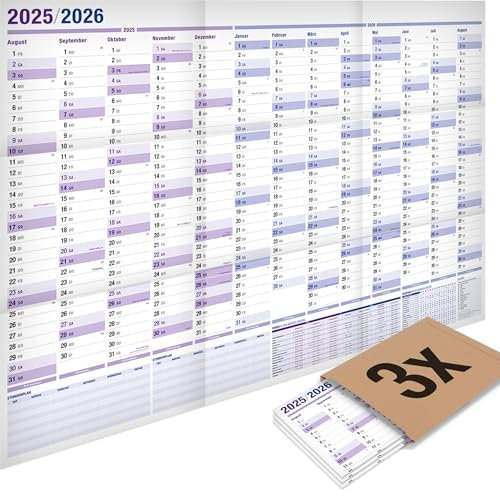 3er-Pack: Yohmoe® XXL Wandkalender 2025 2026 im Format 98x68 cm, gefalzt. Ideal als Jahresplaner 2025/26 oder Schuljahreskalender 2025/2026 Wand