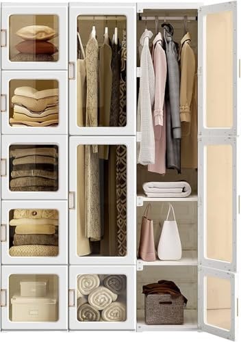 Dripex Kleiderschrank, Schrank 104 x 170 x 50 cm (B x H x T), einfache Montage, Faltbarer Mehrzweckschrank mit Stange, magnetische Türen, für Schlafzimmer Wohnzimmer Weiß
