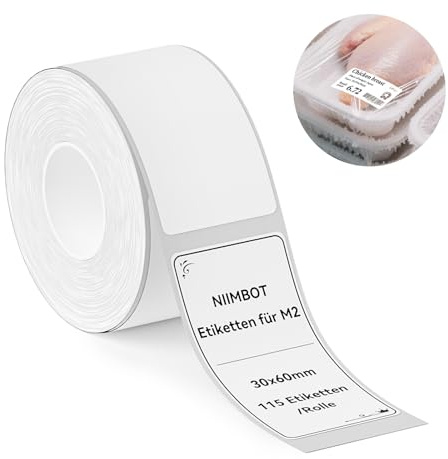 NIIMBOT Thermotransfer Etiketten, Selbstklebendes Etikettenband nur für M2 Etikettendrucker, 30x60 mm 115 Etiketten pro Rolle, Weiß
