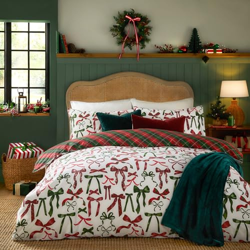 furn. Nathalie Bows Duvet Cover Set (Berry/Pine - Single) | Reversible Ribbon Checkered Reverse Easycare Polycotton Bedding