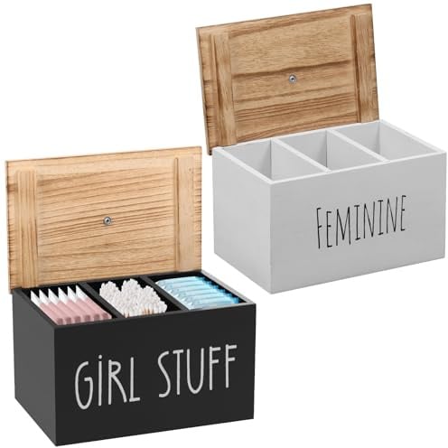 Eyoulife 2 Stück Tampon Box Badezimmer mit Deckel 20x13x13cm 3 Partition, Aufbewahrungsbox Holz mit Deckel, Staubdicht Feuchtigkeitsbeständig, für Zuhause Büro Schule
