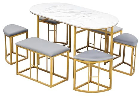 Esszimmergruppe mit Esstisch und 6 Essstühlen, Esstisch mit 6 Stühlen Set, Moderner Küchentisch Set, für Ihr Esszimmer Küche Wohnzimmer, Essgruppe mit Goldene Tischbeine