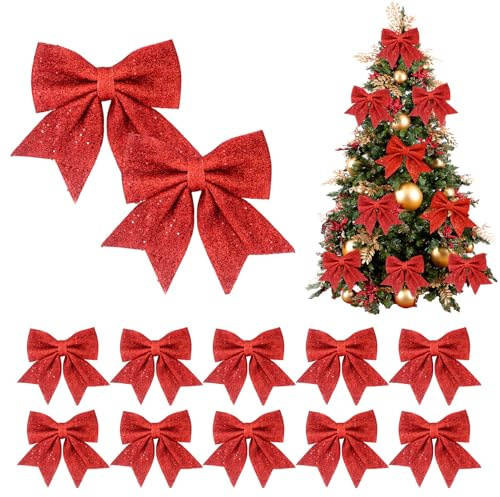 12 Stück 12cm x 15cm Rote Weihnachtsschleifen,Rote Glitzer Schleifen Weihnachtsbaum, Geschenkschleifen Weihnachten, für Weihnachtskranz Geschenke Deko Weihnachtsbaum Deko Weihnachtsfeiern