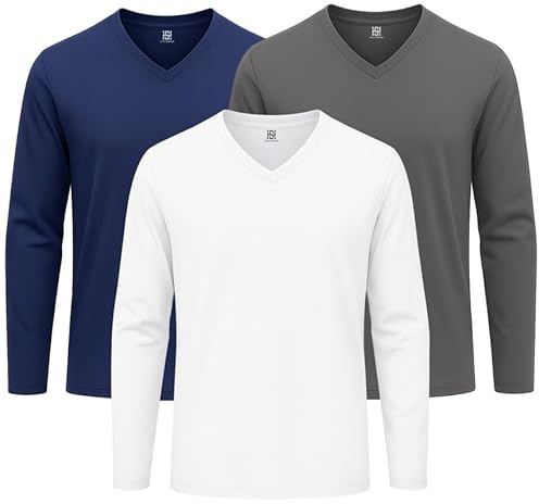 Style Horizon 3 Pack Mens Long Sleeve V Neck T-Shirts, 100% Cotton Casual V-Neck Full Sleeved Tops