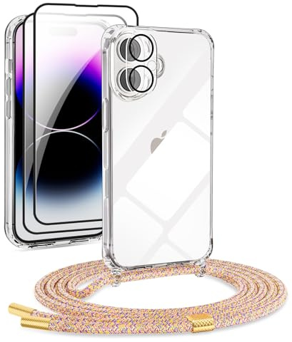 DiDaDi 5 in 1 Handykette Set Für iPhone 17 Hülle mit Band Transparente Handyhülle Abnehmbare Schutzhülle mit Lanyard, 2X Panzerglas & Kameralinse Film (Rainbow)