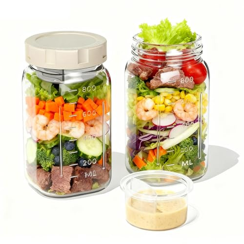 Glass Salad Jars with Dressing Cup, Simplify Meal Prep Salad Mason Jars with Lid, Perfect for Office Lunch, Fitness & Fat-Loss Management, Outdoor Picnics, Food Storage, DIY Craft Decor, 2 Pack 32oz