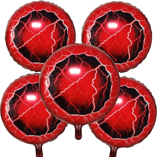 5 Pack 18 Inch Red Lightning Portal Foil Balloons – Dark Energy Round Balloons for Halloween, Sci-Fi, Gaming, Mystery Romantic Party Decorations