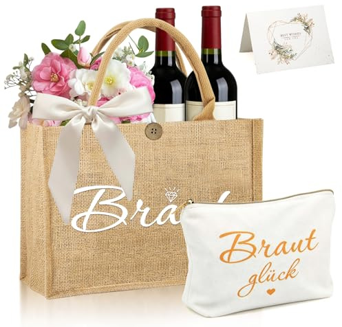 SPOKKI Jute Braut Tragetasche Tasche Braut Jutetasche mit Kosmetiktasche Weißem Schleifenband Grußkarte für Bride, Brautparty, Brautdusche, Junggesellenabschied, Hochzeit, JGA Bride Tote Bag