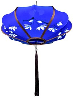 Chinese-Style Fabric Lantern Oriental Hand-Painted Flying Saucer Lantern Decorative Hanging Lamp Shade for Outdoor Garden Party Hotel Restaurant(Blu)